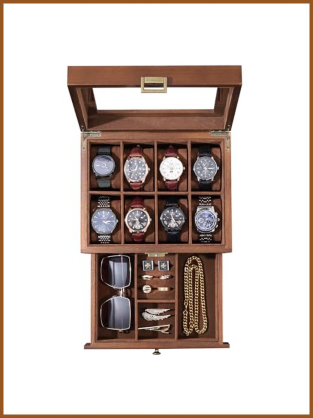 Wooden 8-Slot Watch Box with Drawer Solid Wood Jewelry Organizer Display Case